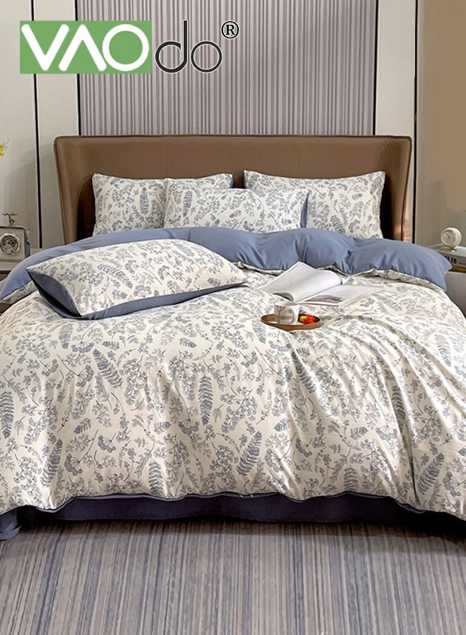 4PCS Bedspread and Duvet Cover Set Skin-Friendly Breathable Double-Sided Design Comforter Set Type A Double-Layer Yarn Washed Cotton and Linen Four-Piece Set 200*230CM