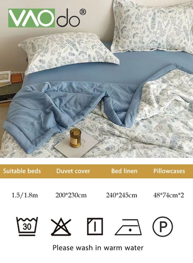 4PCS Bedspread and Duvet Cover Set Skin-Friendly Breathable Double-Sided Design Comforter Set Type A Double-Layer Yarn Washed Cotton and Linen Four-Piece Set 200*230CM