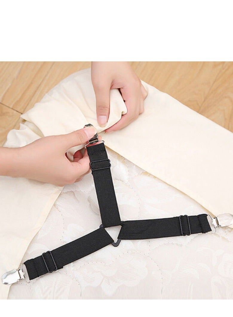 4pcs Adjustable Bed Sheet Holder Straps with 3 Way Cross Elastic Bands and Corner Clips, for Bedding Mattress Fasteners