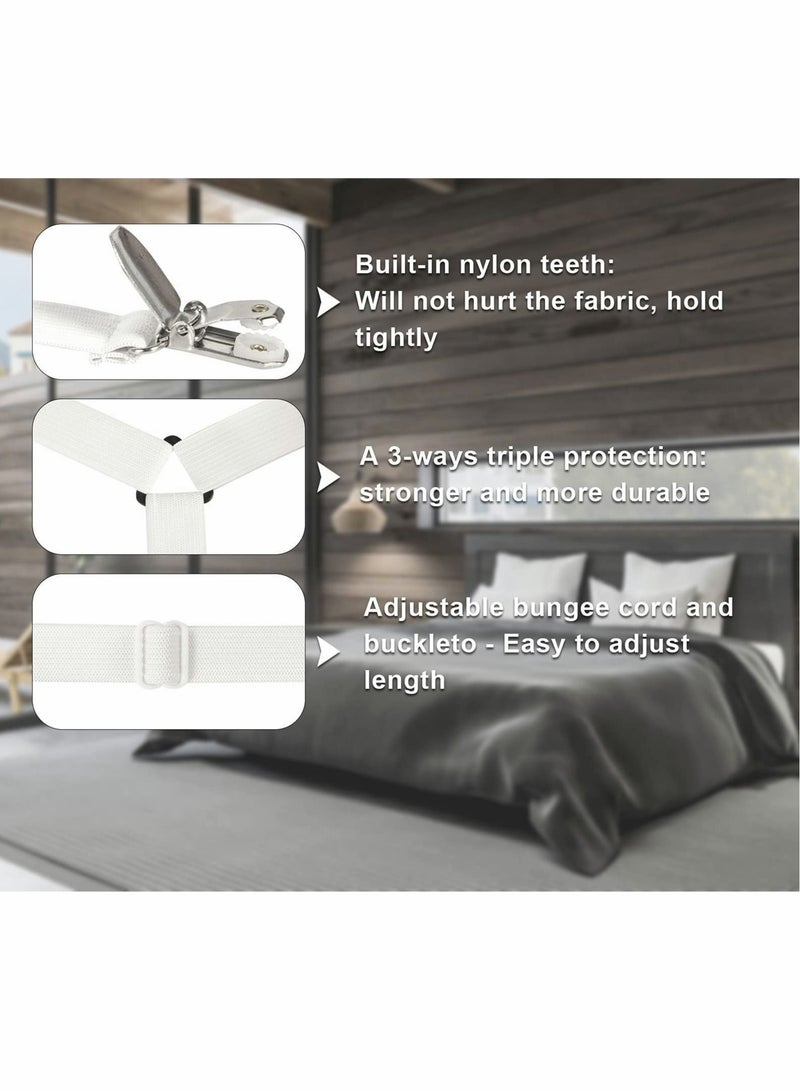 4pcs Adjustable Bed Sheet Holder Straps with 3 Way Cross Elastic Bands and Corner Clips, for Bedding Mattress Fasteners