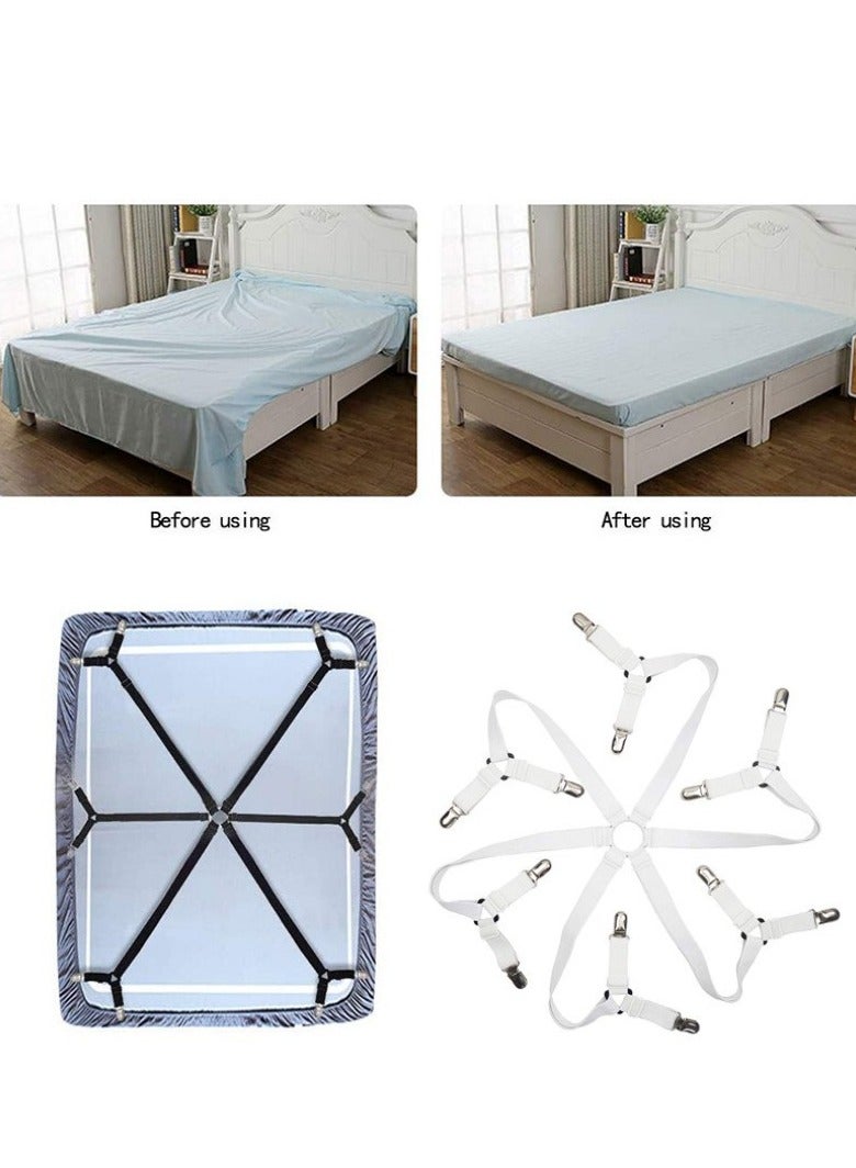 Adjustable Bed Sheet Holder Straps with 6 Way Cross Elastic Bands and Corner Clips, for Bedding Mattress Fasteners