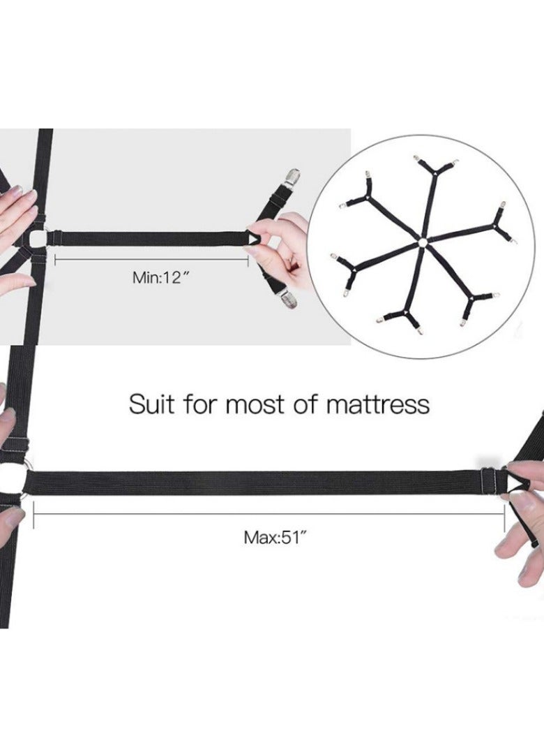 Adjustable Bed Sheet Holder Straps with 6 Way Cross Elastic Bands and Corner Clips, for Bedding Mattress Fasteners