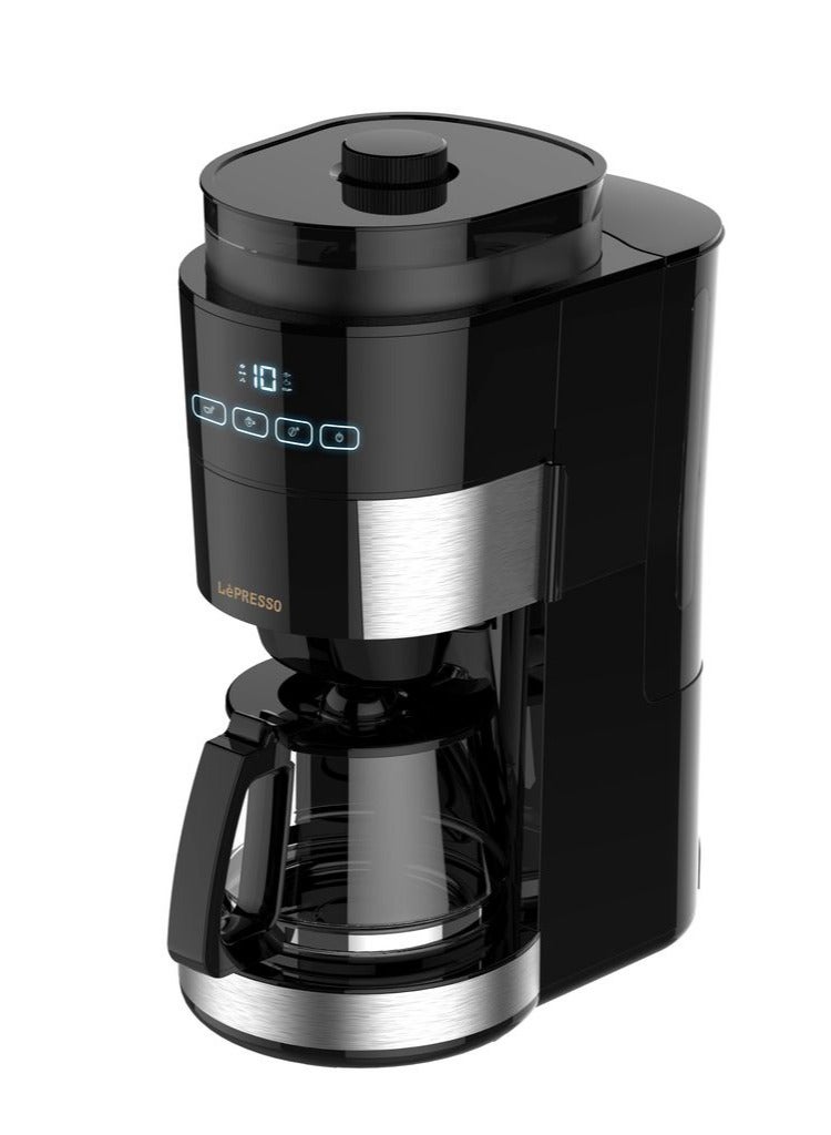 Brewing Coffee Machine with Bean Grinder and Warming Base / 1.2L Water Tank / BS plug / Adjust Intensity / 1000W Power / Removable Filter & Funnel - Black