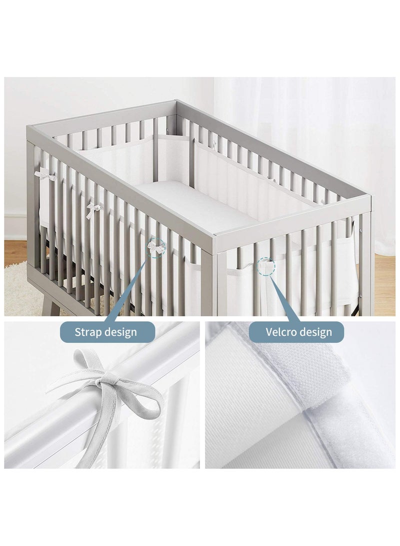 White Baby Crib Bumper Set - Breathable Mesh Bedside Protector, Anti-Collision Cotton Cot Liner, Baby Bed Rail Safety Guard, 2 Pieces - 340x28cm + 160x30cm