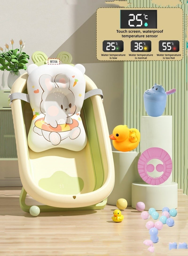 Baby Bath Tub Foldable Bathtub With Temperature Sensing + Bathmat Cushion + Shower Cap + Washing Hair Shower Shampoo Cup *1 + Duckling toys *4 + Ocean Balls *10