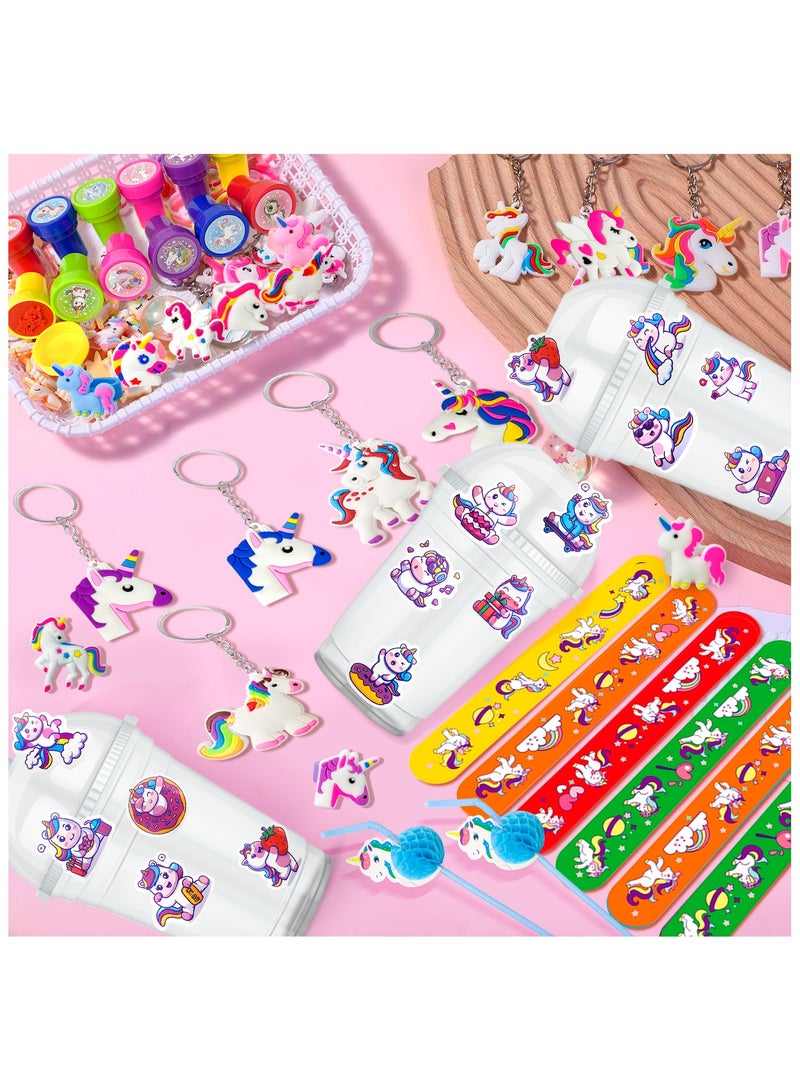 Unicorn Party Favors for 12 Guests, 134pcs Unicorn Birthday Party Favors Set Unicorn Goodie Bags Unicorn Slap Bracelet Unicorn Stickers Keychain Stampers Rings