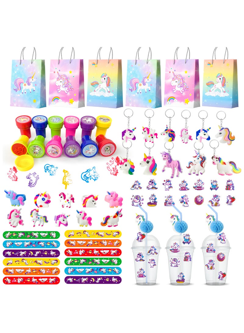 Unicorn Party Favors for Girls,134pcs Unicorn Birthday Party Favors Set - Unicorn Goodie Bags & Unicorn Slap Bracelet & Unicorn Stickers Keychain Stampers Rings etc Party Favors