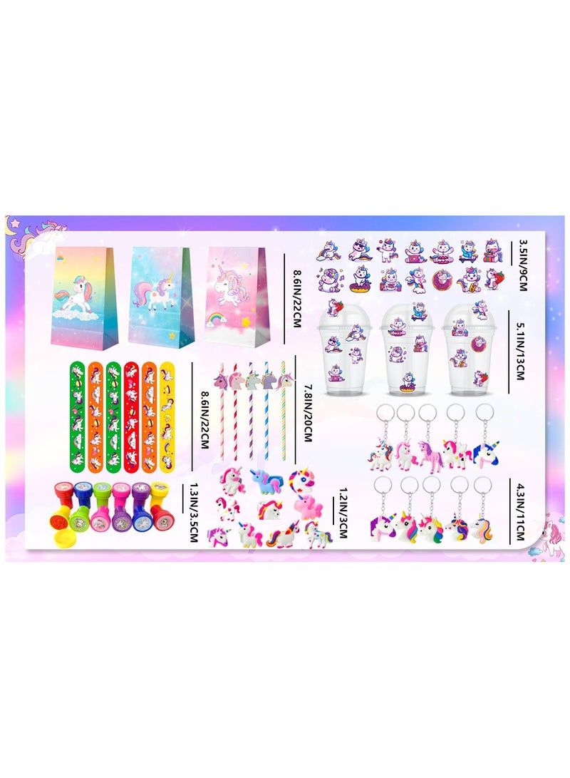 Unicorn Party Favors for 12 Guests, 134pcs Unicorn Birthday Party Favors Set Unicorn Goodie Bags Unicorn Slap Bracelet Unicorn Stickers Keychain Stampers Rings