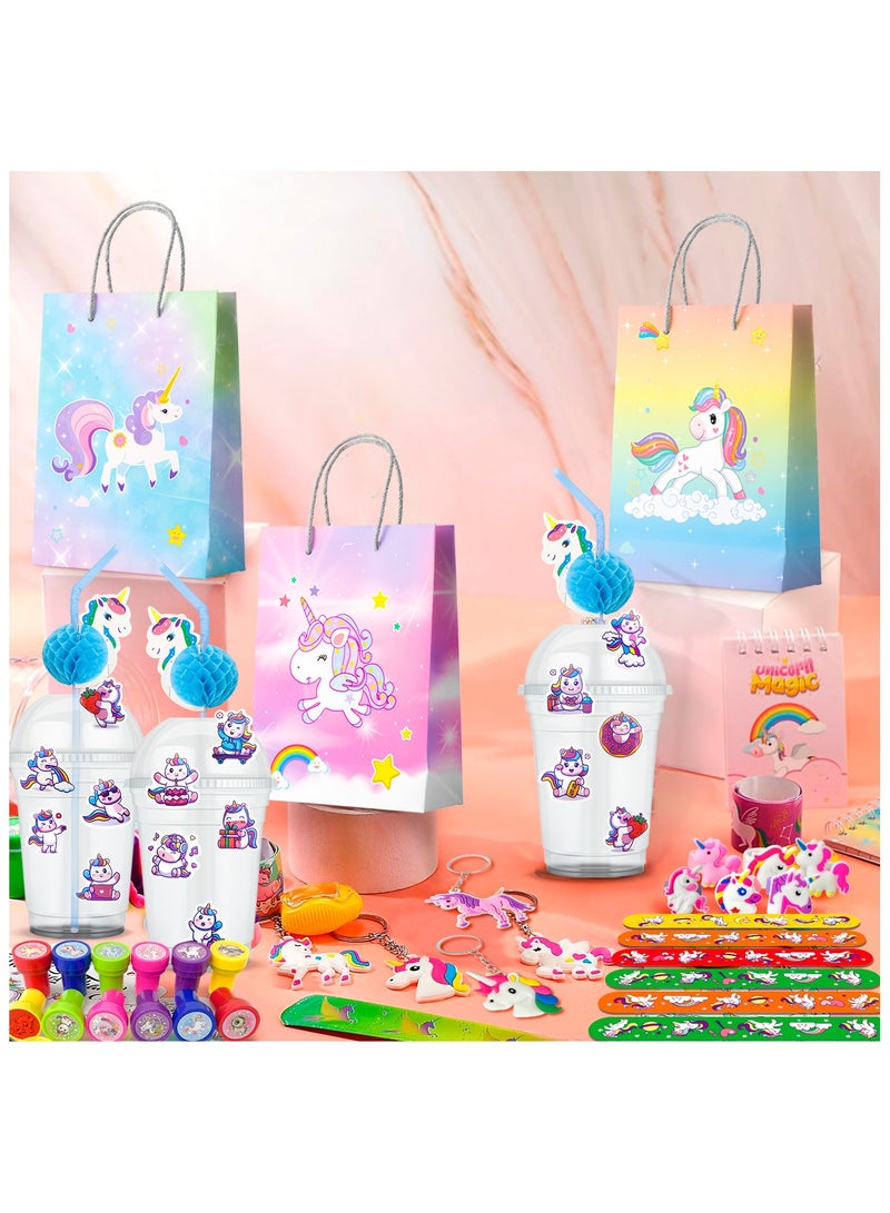 Unicorn Party Favors for 12 Guests, 134pcs Unicorn Birthday Party Favors Set Unicorn Goodie Bags Unicorn Slap Bracelet Unicorn Stickers Keychain Stampers Rings