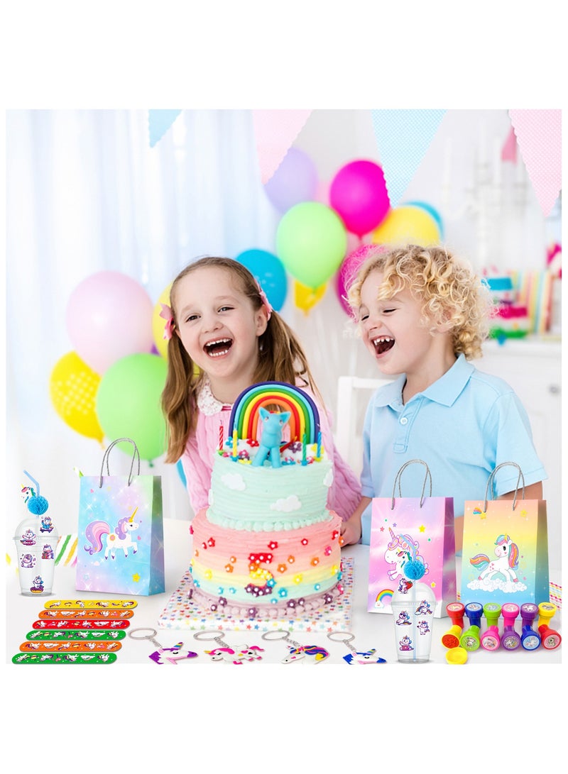 Unicorn Party Favors for 12 Guests, 134pcs Unicorn Birthday Party Favors Set Unicorn Goodie Bags Unicorn Slap Bracelet Unicorn Stickers Keychain Stampers Rings