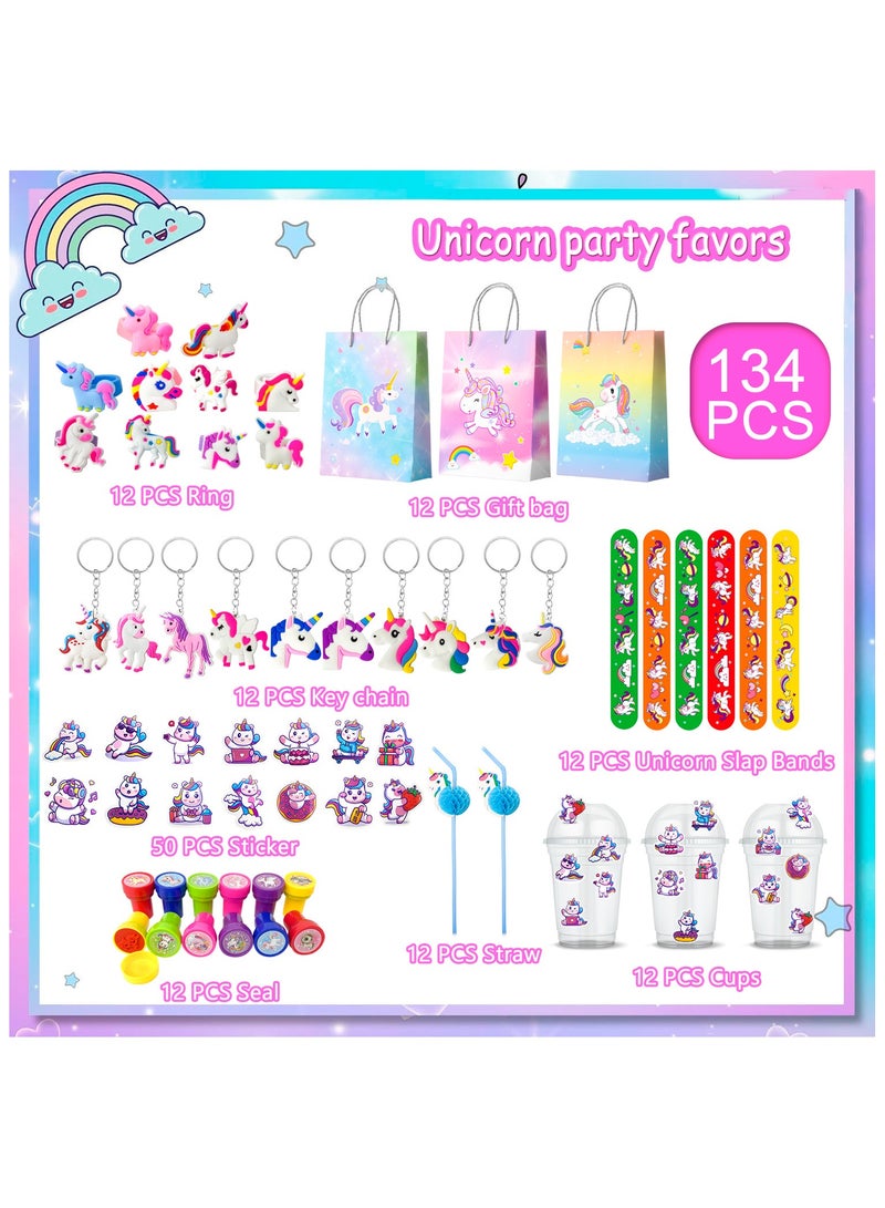 Unicorn Party Favors for 12 Guests, 134pcs Unicorn Birthday Party Favors Set Unicorn Goodie Bags Unicorn Slap Bracelet Unicorn Stickers Keychain Stampers Rings
