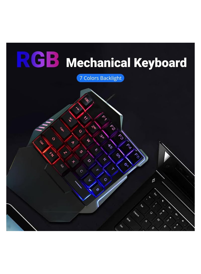 One Handed Gaming Keyboard,  G7 35 Keys RGB Backlit Single Hand Game Keyboard USB Wired Ergonomic Gaming Keypad with Wrist Rest, for PC Gamer,  Silent RGB Gaming Keyboard for PC