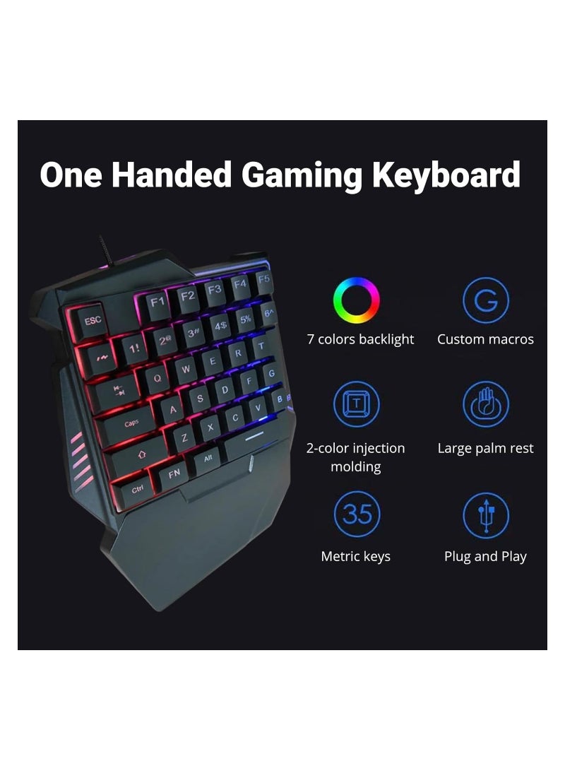 One Handed Gaming Keyboard,  G7 35 Keys RGB Backlit Single Hand Game Keyboard USB Wired Ergonomic Gaming Keypad with Wrist Rest, for PC Gamer,  Silent RGB Gaming Keyboard for PC
