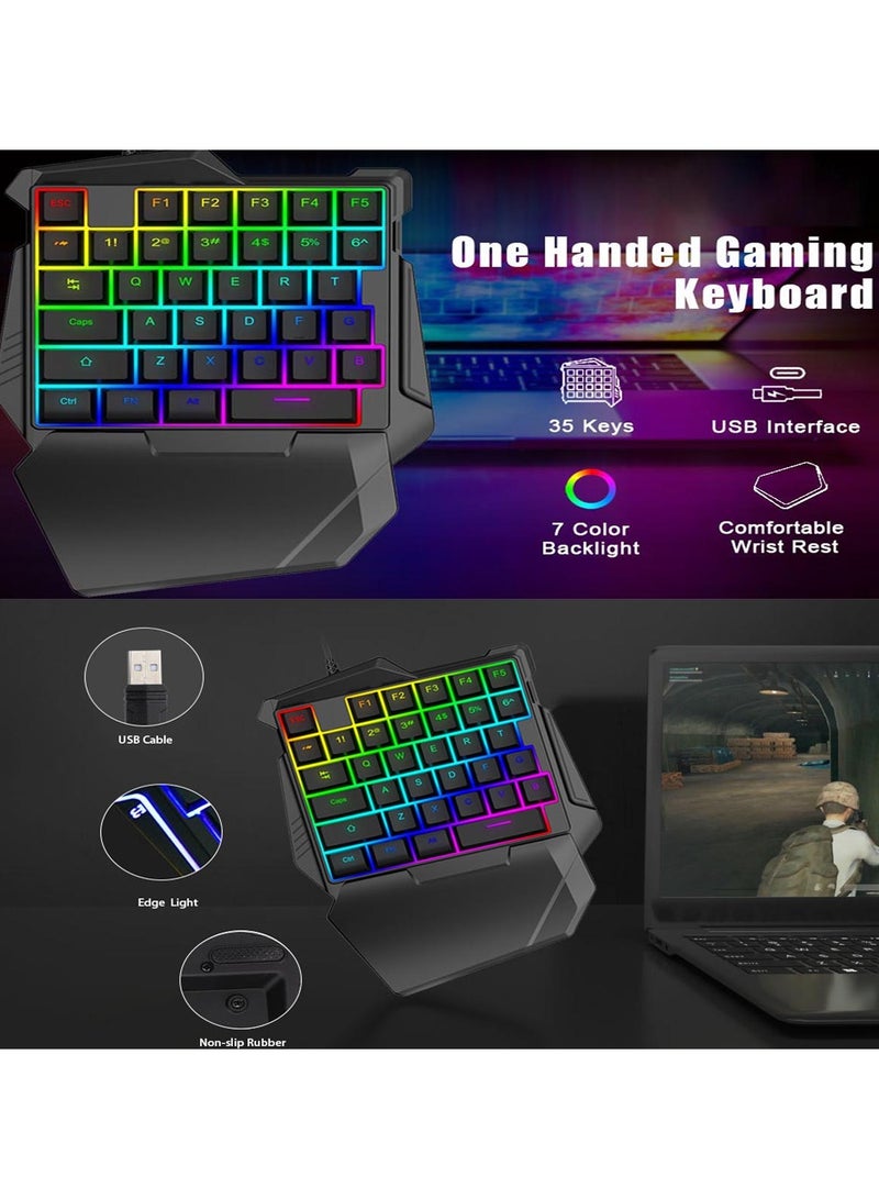 One Handed Gaming Keyboard,  G7 35 Keys RGB Backlit Single Hand Game Keyboard USB Wired Ergonomic Gaming Keypad with Wrist Rest, for PC Gamer,  Silent RGB Gaming Keyboard for PC