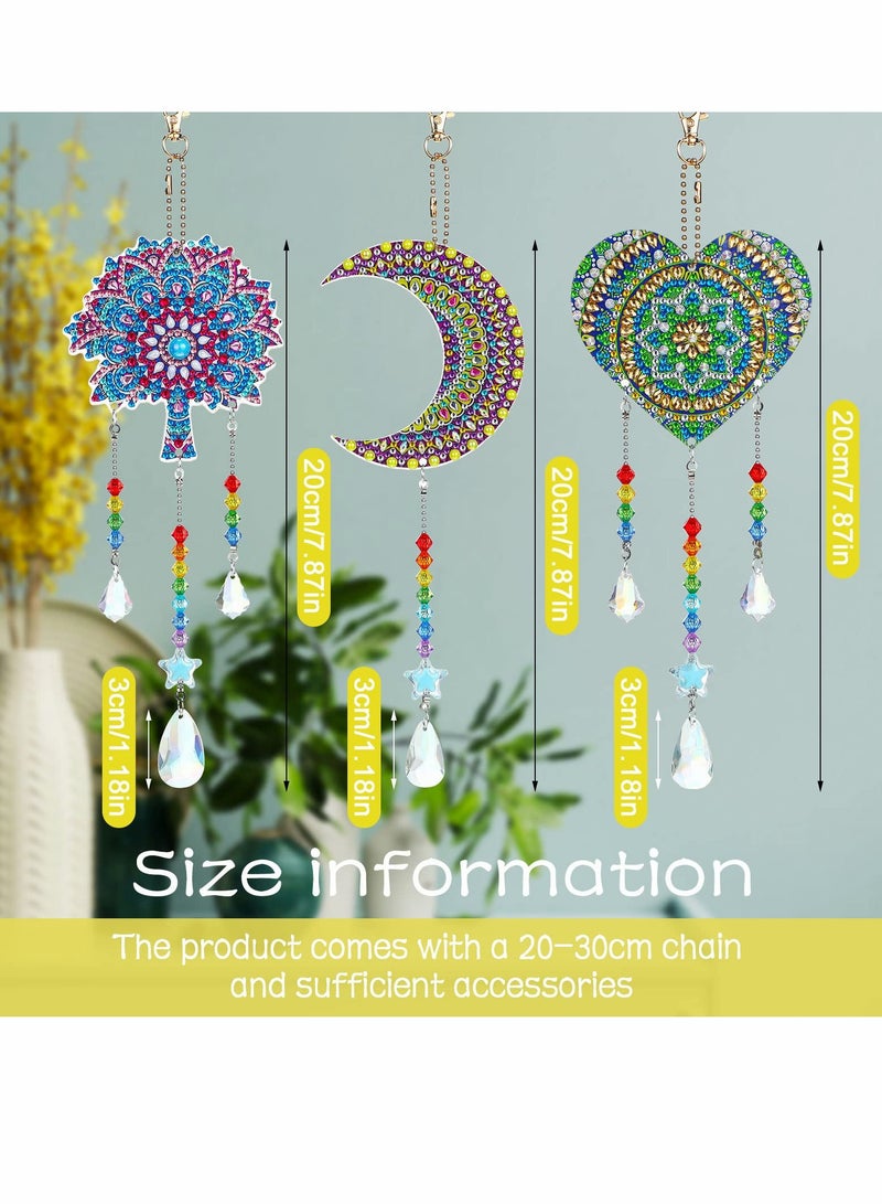 Diamond Painting Pendant Kids, Double Sided Crystal Gem Paint by Number Stereoscopic Hanging Ornaments, Wind Chime Moon Heart Mandala for Home Garden Adults Kids (3 Pcs)