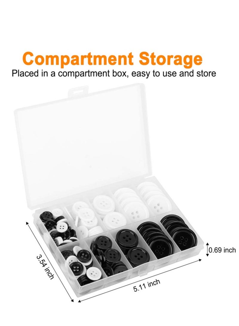 Mixed Sewing Buttons 160Pcs Round Black 4-Hole Craft Buttons 5 Sizes White Resin Button with Separate Compartment Storage Box Suitable for Sewing DIY Craft Projects