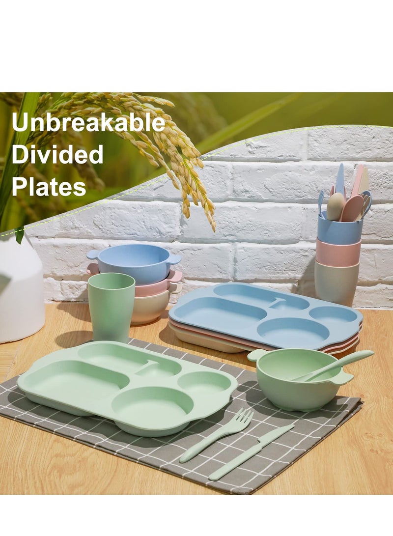 24 Pcs Wheat Straw Dinnerware Cutlery Set Including Divided Plates Microwave Dishwasher Safe Bowl Unbreakable Tableware Straw Cutlery Spoon Knife Fork Cup