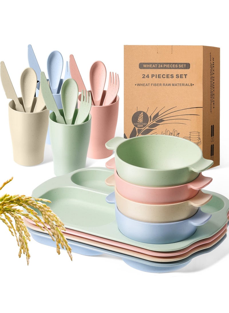 24 Pcs Wheat Straw Dinnerware Cutlery Set Including Divided Plates Microwave Dishwasher Safe Bowl Unbreakable Tableware Straw Cutlery Spoon Knife Fork Cup