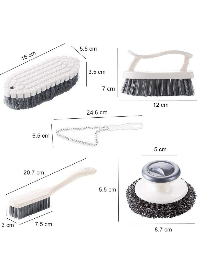 Dish Brush Steel Ball Pot Brush Kitchen Crevice Cleaning Brush with Scraper Bathroom Scrub Brush 5PCS Handle Brushes