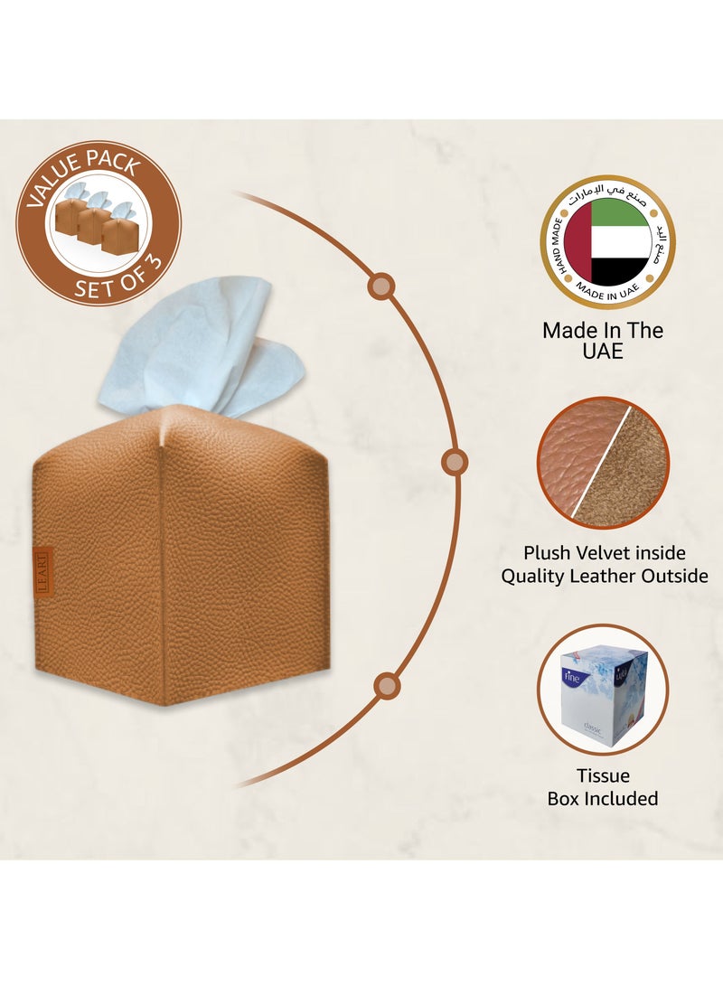 Leather Tissue Box Cover (Caramel Offer Pack of 3)