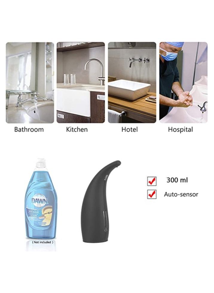 Black Kitchen Dish Soap Dispenser, 300ml Liquid Soap Dispenser for Bathroom Shower, Automatic Dish Dispenser for Kitchen Sink, Touch Free Dispenser for Hotel, Office and Hospital