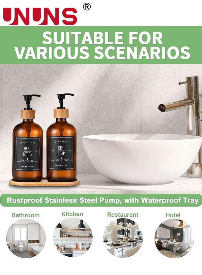 Soap Dispenser Set,2-Piece Amber Glass Soap Dispenser Set With Tray,16oz/500ml Reusable Soap Pump Dispenser Bottles For Bathroom And Kitchen