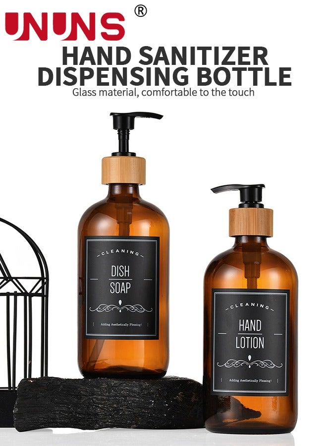 Soap Dispenser Set,2-Piece Amber Glass Soap Dispenser Set With Tray,16oz/500ml Reusable Soap Pump Dispenser Bottles For Bathroom And Kitchen