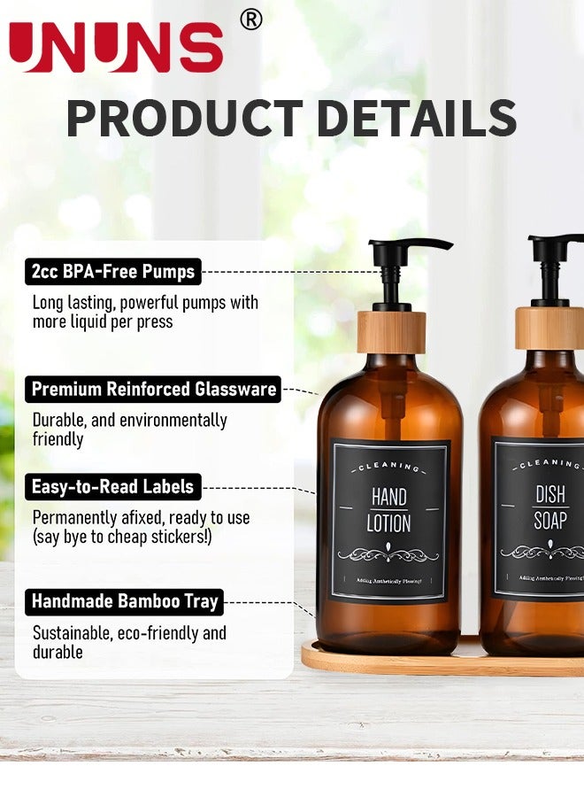 Soap Dispenser Set,2-Piece Amber Glass Soap Dispenser Set With Tray,16oz/500ml Reusable Soap Pump Dispenser Bottles For Bathroom And Kitchen