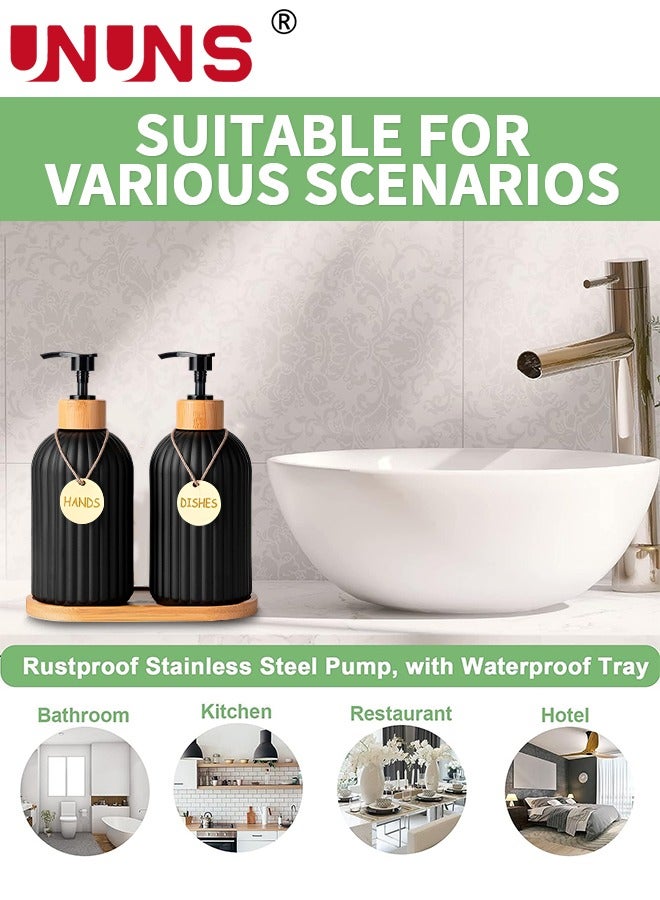 Dish Soap Dispenser Set,400ml Glass Soap Dispenser With Bamboo Pump Tray,Refillable Reusable Soap Pump Dispenser Bottles For Bathroom And Kitchen