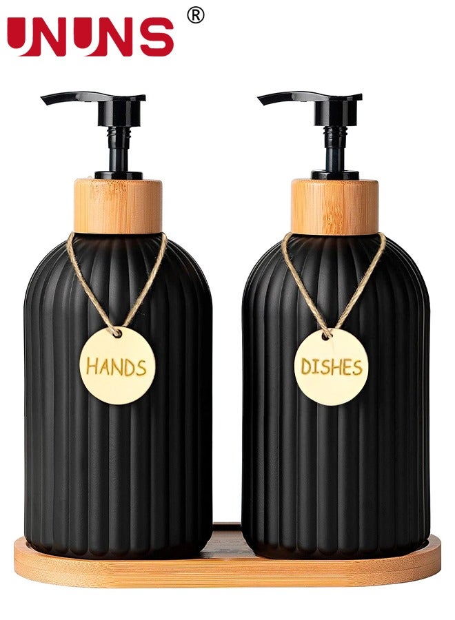 Dish Soap Dispenser Set,400ml Glass Soap Dispenser With Bamboo Pump Tray,Refillable Reusable Soap Pump Dispenser Bottles For Bathroom And Kitchen