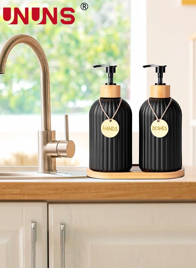 Dish Soap Dispenser Set,400ml Glass Soap Dispenser With Bamboo Pump Tray,Refillable Reusable Soap Pump Dispenser Bottles For Bathroom And Kitchen