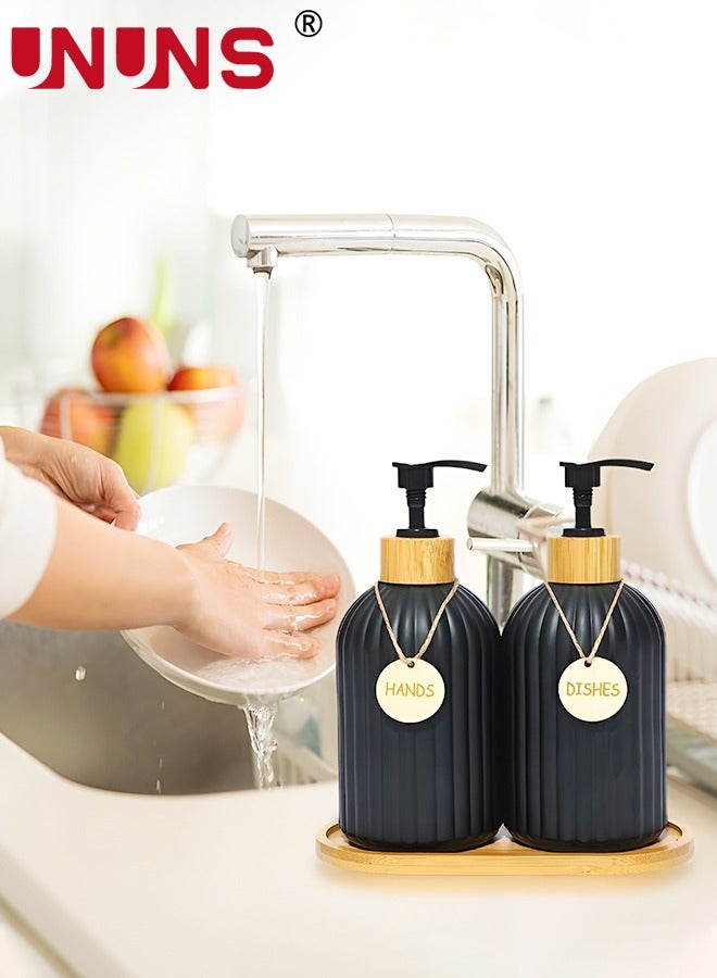 Dish Soap Dispenser Set,400ml Glass Soap Dispenser With Bamboo Pump Tray,Refillable Reusable Soap Pump Dispenser Bottles For Bathroom And Kitchen