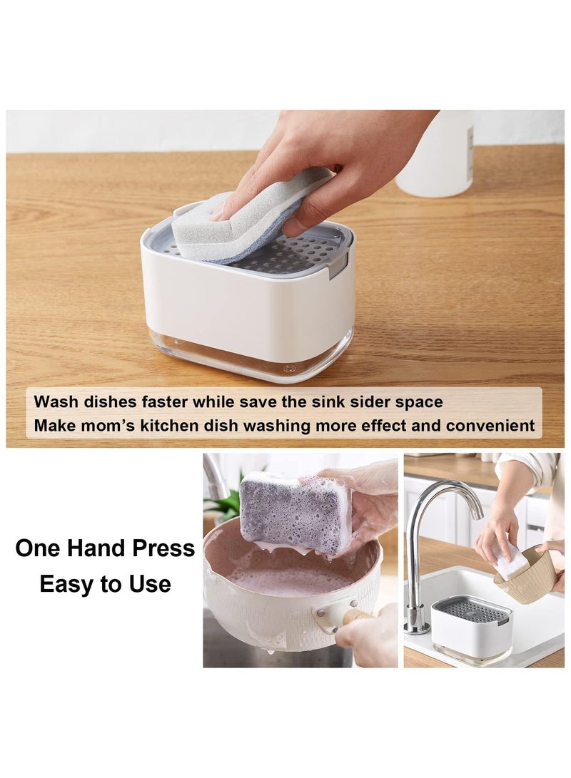 Dish Soap Dispenser for Kitchen Sink with Sponge Holder Push Down Pump Caddy Tray Container Set Dishwashing Liquid Detergent Organizer on Countertop Travel Trailer