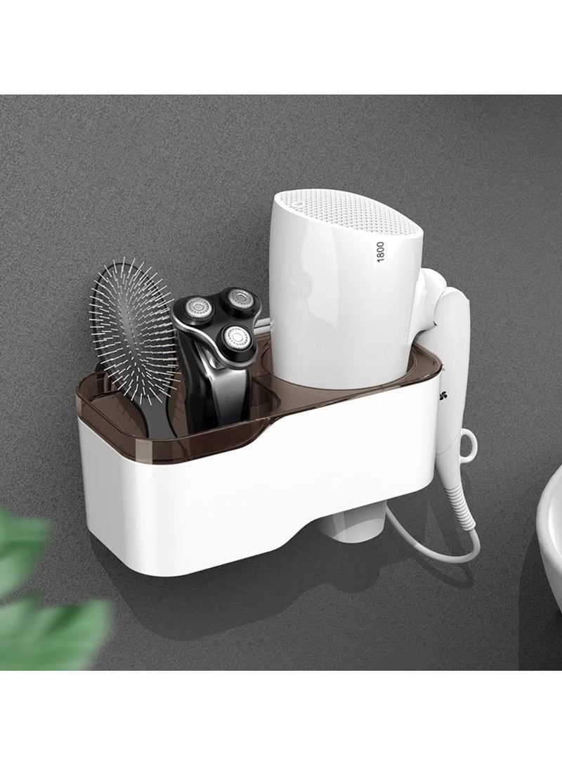 Self-Adhesive Hair Dryer Holder, Drill-Free Removable Wall Mounted Multi-Func Blow Dryer Holder for Bathroom Salon, Hair Dryer Rack & Styling Care Tool Organizer Storage Basket(White)