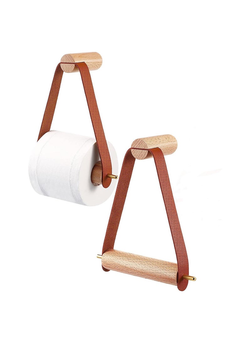 Wood & Leather Wall Toilet Paper Holder, Vintage Design Rustic Tissue Rolls Paper Holder with Self Adhesive, Graceful and Natural Bathroom Accessories, 1 Pcs (Brown)