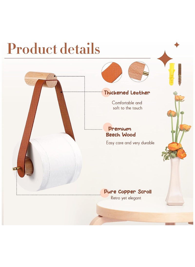 Wood & Leather Wall Toilet Paper Holder, Vintage Design Rustic Tissue Rolls Paper Holder with Self Adhesive, Graceful and Natural Bathroom Accessories, 1 Pcs (Brown)