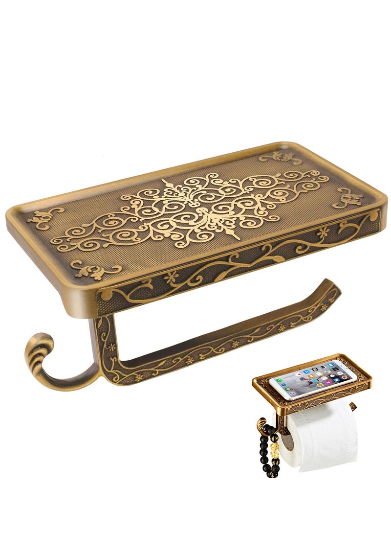 Toilet Paper Holder with Phone Shelf, Anti-Rust Aluminum Toilet Paper Roll Holder, Antique Carving Wall-Mounted Toilet Tissue Holder with Storage Shelf for Bathroom Washroom Hotel