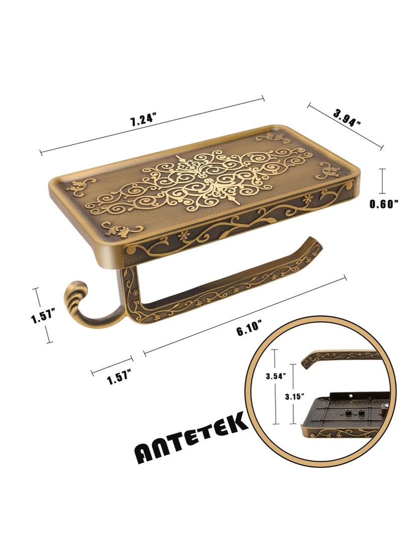 Toilet Paper Holder with Phone Shelf, Anti-Rust Aluminum Toilet Paper Roll Holder, Antique Carving Wall-Mounted Toilet Tissue Holder with Storage Shelf for Bathroom Washroom Hotel