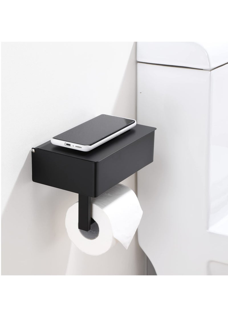 Toilet Paper Holder with Storage Box, Stainless Steel Wall Mounted Flushable Matte Wipes Holder for Bathroom Holds both Tissues and Wipes Black