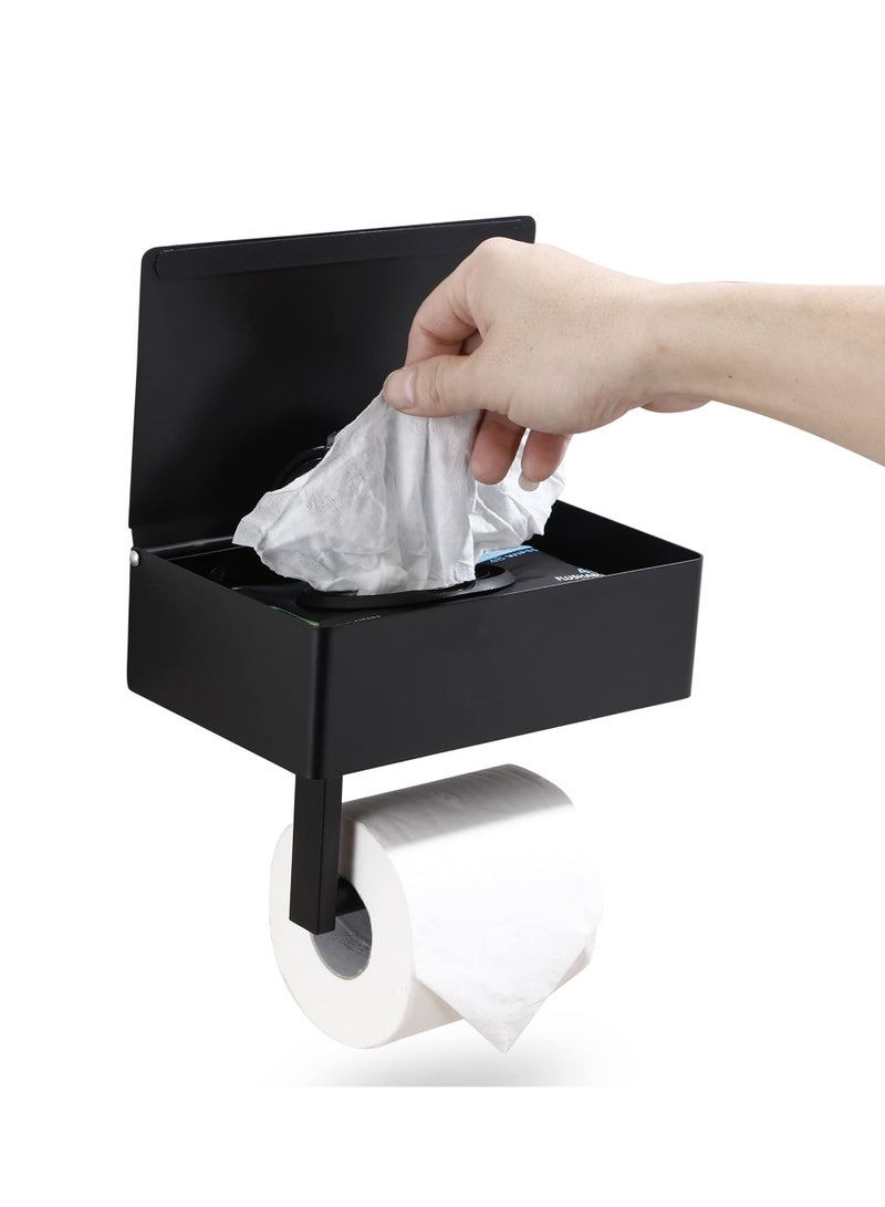 Toilet Paper Holder with Storage Box, Stainless Steel Wall Mounted Flushable Matte Wipes Holder for Bathroom Holds both Tissues and Wipes Black