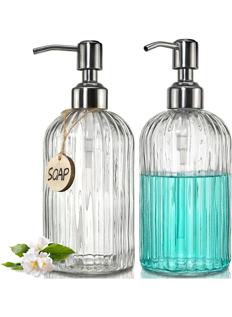 2PACK 18 Oz Glass Soap Dispenser with Rust Proof Stainless Steel Pump, Refillable Hand Soap Dispenser with Vertical Stripe, Premium Bathroom Soap Dispenser for Kitchen & Bathroom.