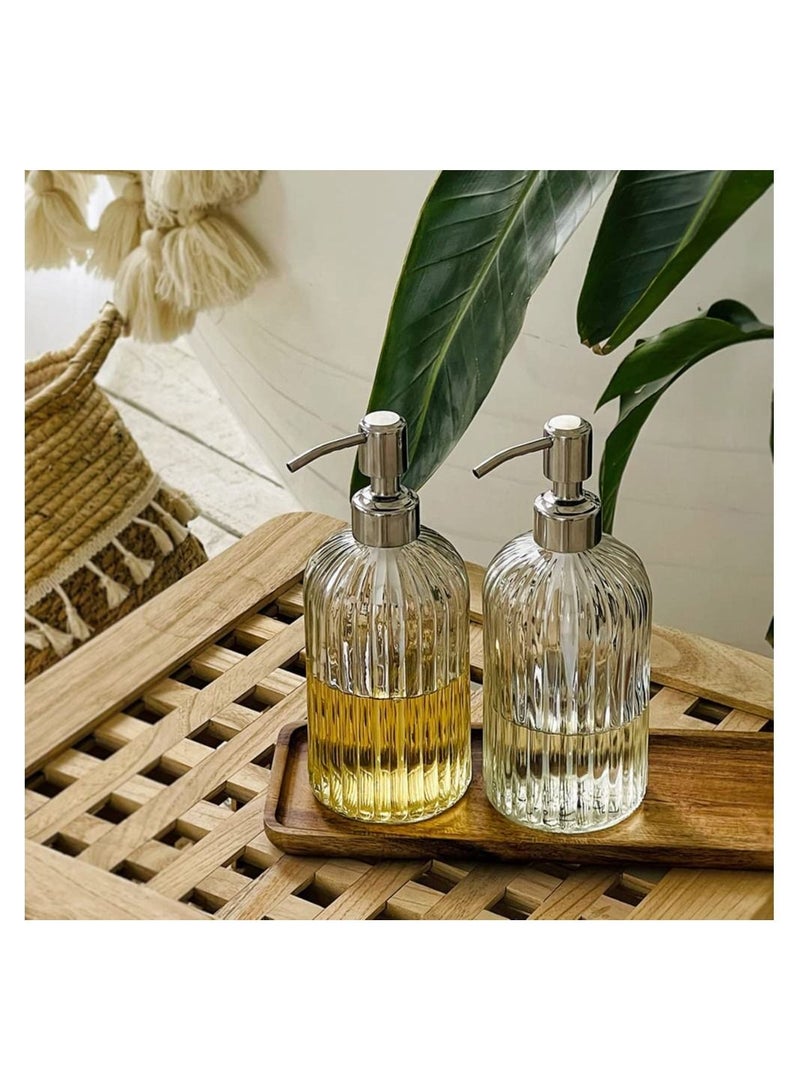 2PACK 18 Oz Glass Soap Dispenser with Rust Proof Stainless Steel Pump, Refillable Hand Soap Dispenser with Vertical Stripe, Premium Bathroom Soap Dispenser for Kitchen & Bathroom.