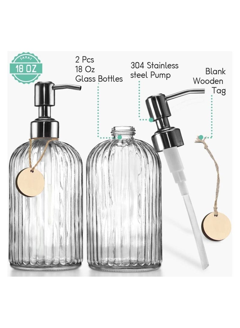 2PACK 18 Oz Glass Soap Dispenser with Rust Proof Stainless Steel Pump, Refillable Hand Vertical Stripe, Premium Bathroom for Kitchen & Bathroom.