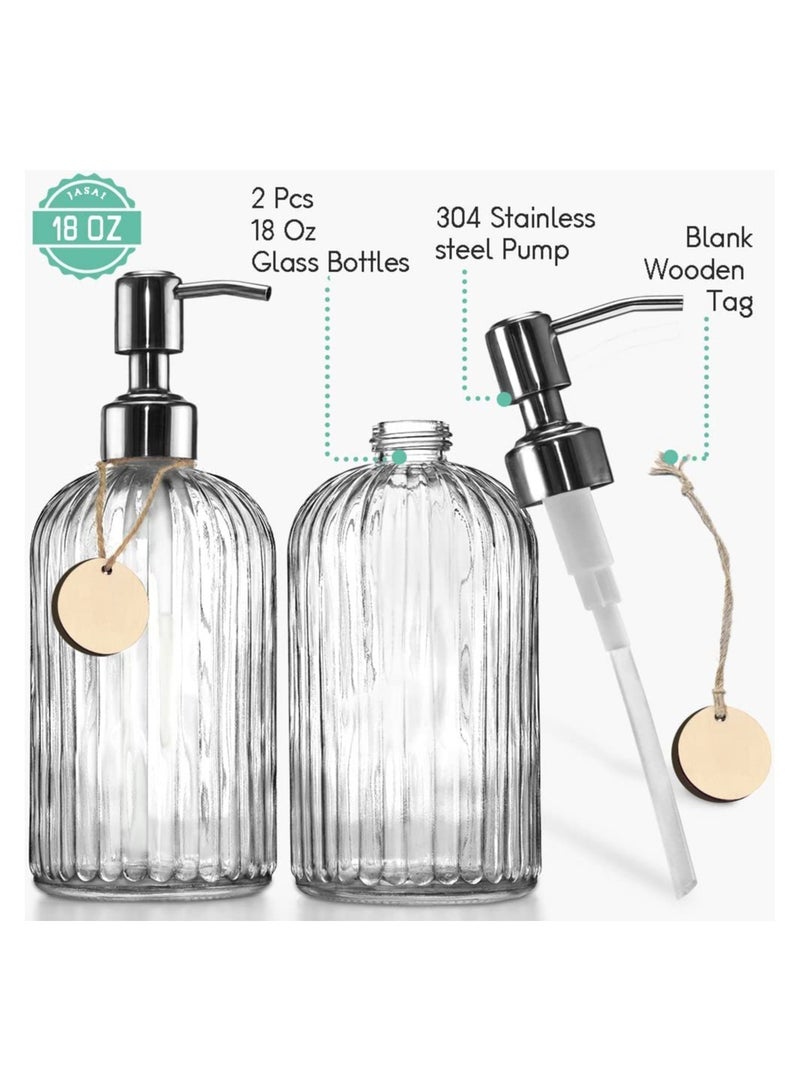 2PACK 18 Oz Glass Soap Dispenser with Rust Proof Stainless Steel Pump, Refillable Hand Soap Dispenser with Vertical Stripe, Premium Bathroom Soap Dispenser for Kitchen & Bathroom.