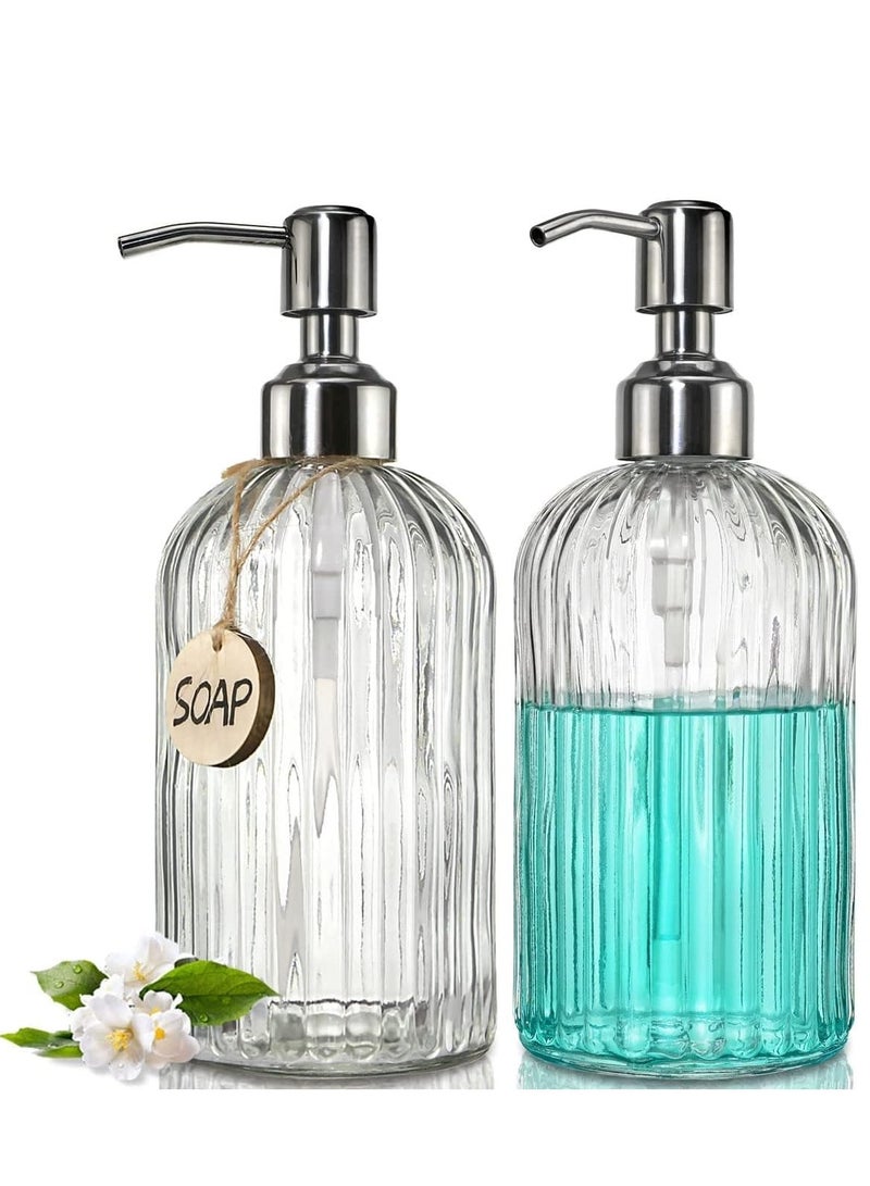 2PACK 18 Oz Glass Soap Dispenser with Rust Proof Stainless Steel Pump, Refillable Hand Soap Dispenser with Vertical Stripe, Premium Bathroom Soap Dispenser for Kitchen & Bathroom.