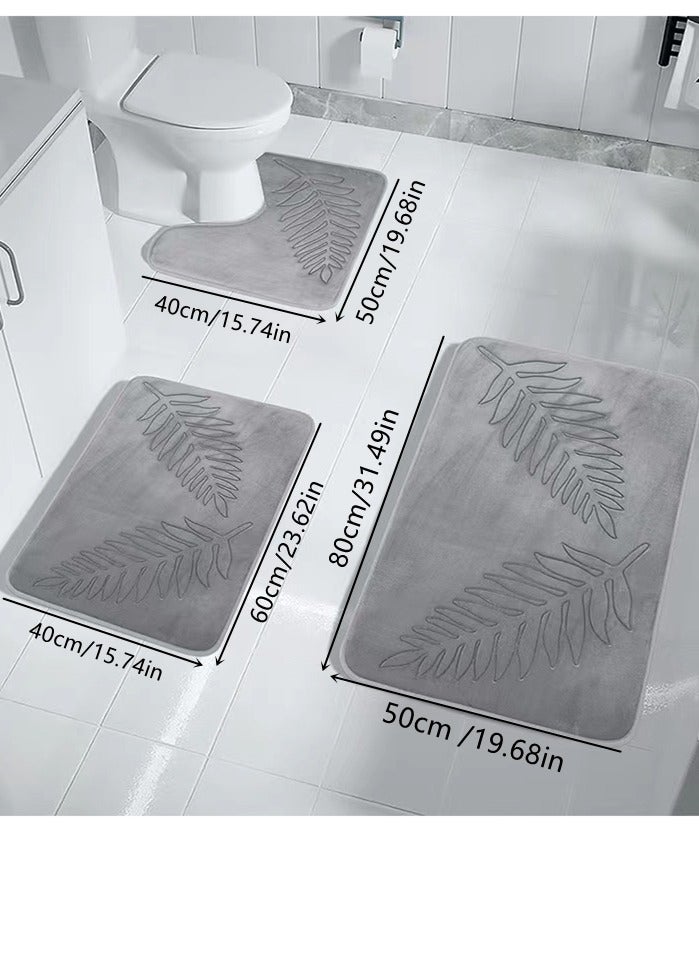 3-Pieces European Simple Style Toilet Floor Mat Suit Bathroom Carpet Set Polyester Fiber Gray