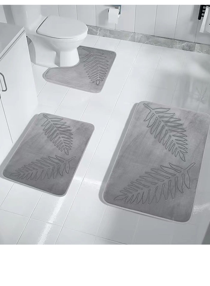 3-Pieces European Simple Style Toilet Floor Mat Suit Bathroom Carpet Set Polyester Fiber Gray