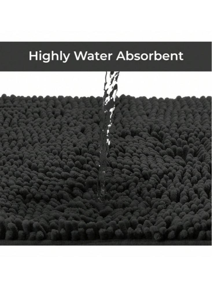 3-Pieces Simple Soft Chenille Bathroom Mat Set Water Absorbent Non-Slip Bathroom Floor Mat Bathroom Floor Mat Black