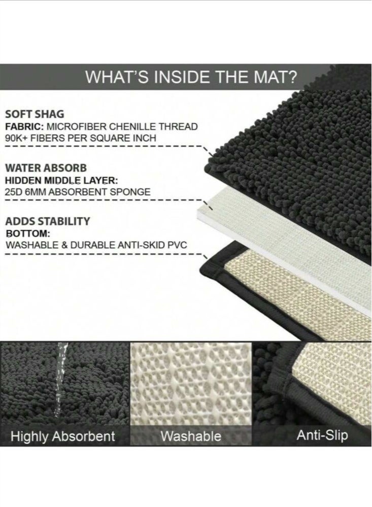 3-Pieces Simple Soft Chenille Bathroom Mat Set Water Absorbent Non-Slip Bathroom Floor Mat Bathroom Floor Mat Black