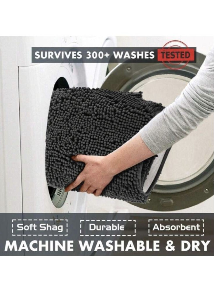 3-Pieces Simple Soft Chenille Bathroom Mat Set Water Absorbent Non-Slip Bathroom Floor Mat Bathroom Floor Mat Black